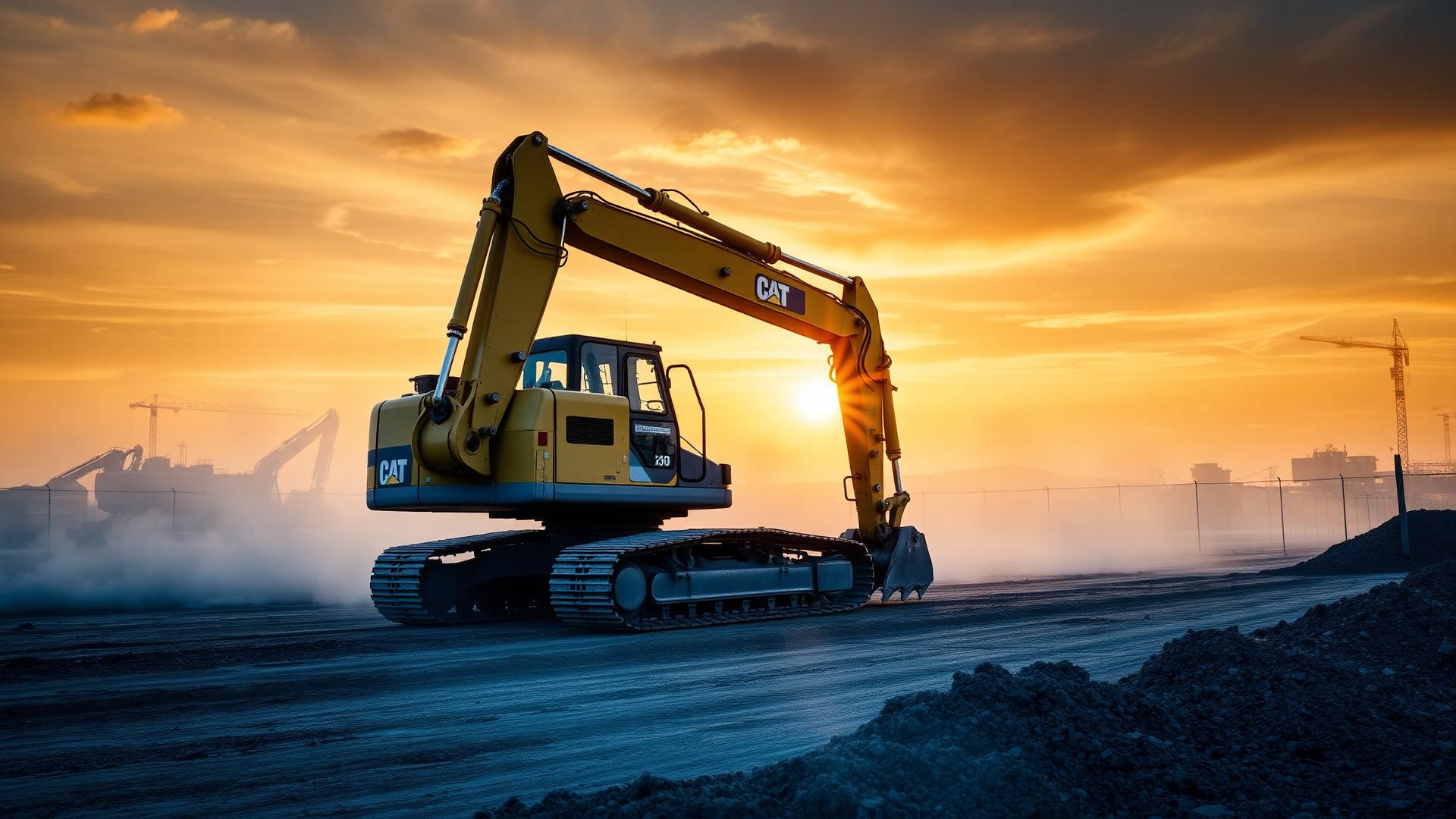 Excavator operating on a construction site at sunset
